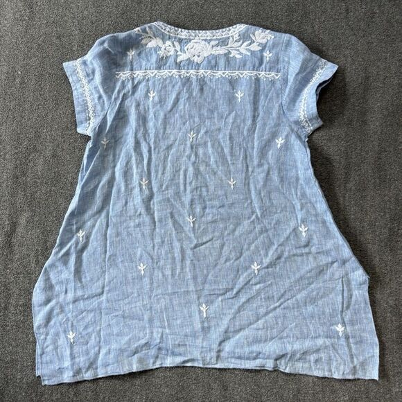 Kyla Seo Shirt Womens S Blue Linen Chambray Floral Embroidered Beach Coastal - Picture 2 of 11